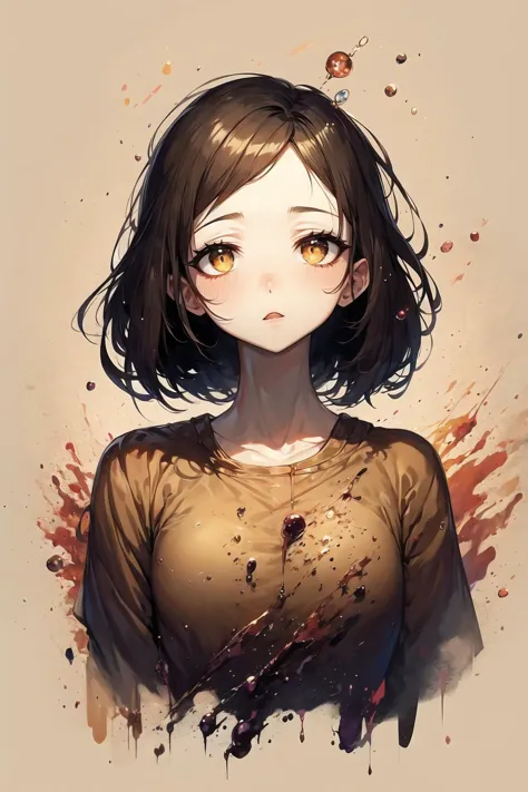 a girl with brown eyes and a brown shirt with blood on it