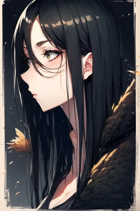 anime girl with long black hair and glasses looking at something