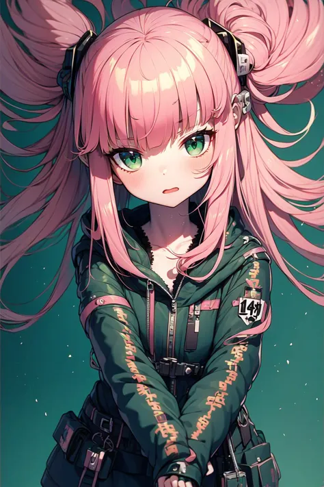 anime girl with pink hair and green eyes holding a gun