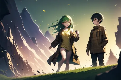 a couple of anime characters walking through a field