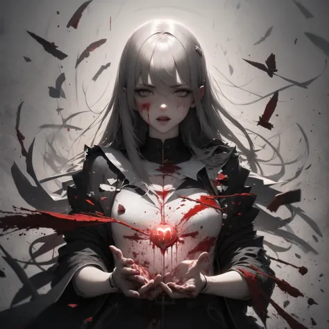 a woman with long hair and blood on her hands