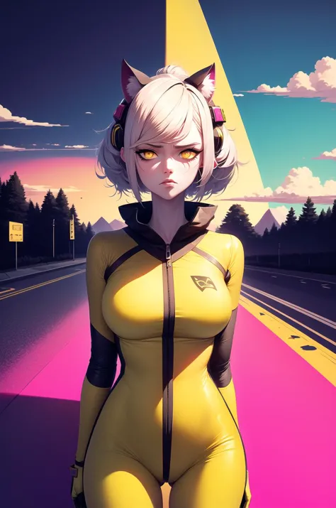 a woman in a yellow cat suit standing on a road