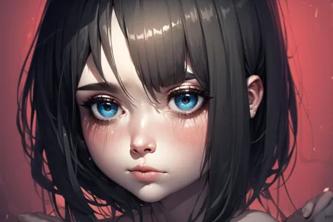 anime girl with blue eyes and black hair with a sad look