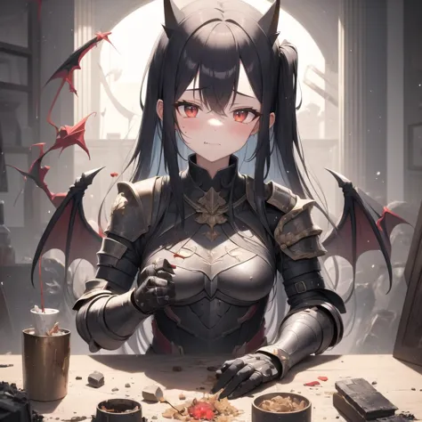 anime girl with horns and a cat costume sitting at a table