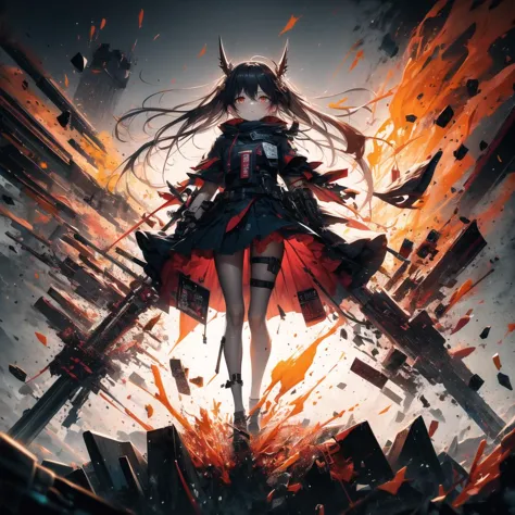 a woman in a black dress and red cape standing on a pile of rubble