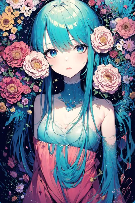 a girl with blue hair and blue eyes standing in front of flowers