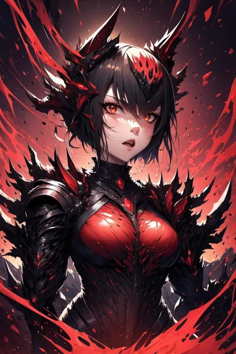 a woman with horns and red blood on her chest