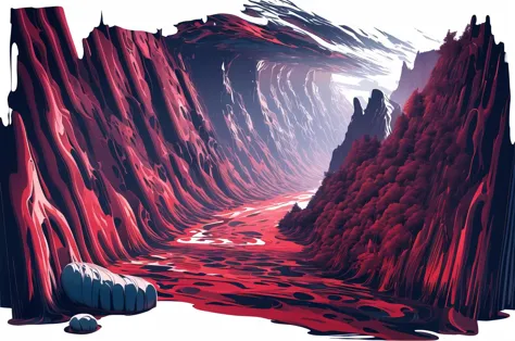 a close up of a painting of a red mountain with a stream of blood