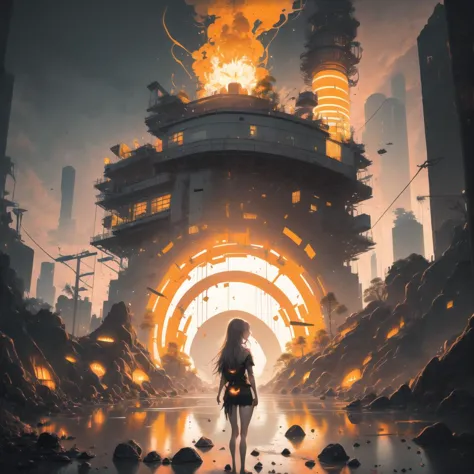 a woman standing in front of a giant building with a fire coming out of it