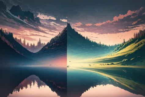 a couple of mountains with a lake in the middle of them