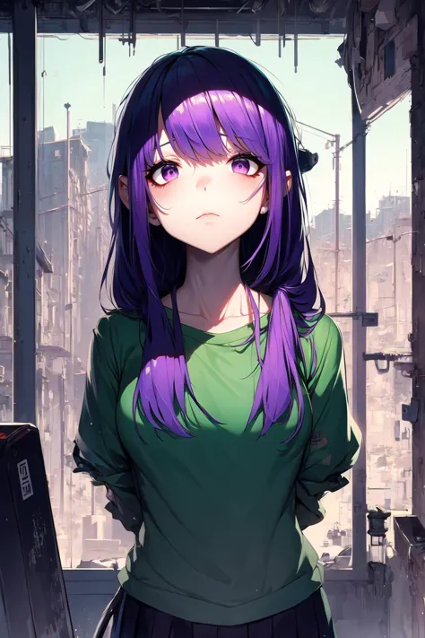 anime girl with purple hair and green shirt standing in front of a window