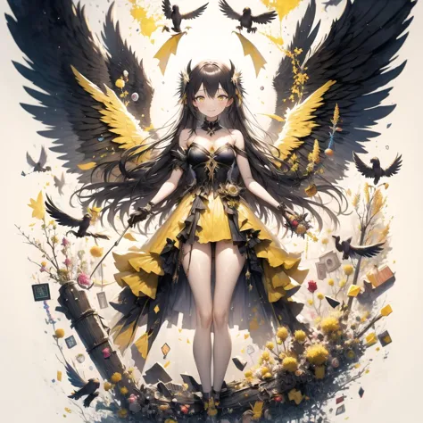 a woman in a yellow dress with black wings and a bird