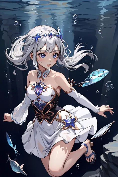 (masterpiece, best quality),  intricate details,
1girl,    <lora:CHAR-KosekiBijou:0.6> KosekiBijou, KosekiBijou, hair ornament, white dress, strapless dress, crystal, detached sleeves, asymmetrical sleeves, silver hair, 
underwater, swimming, money,  <lora:nevermind_album_v0.1:0.6> nirvana