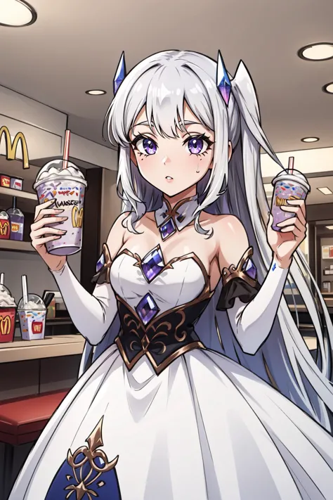 anime girl in white dress holding a drink in a restaurant