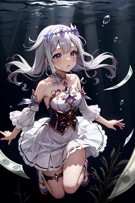 (masterpiece, best quality),  intricate details,
1girl,    <lora:CHAR-KosekiBijou:0.6> KosekiBijou, KosekiBijou, hair ornament, white dress, strapless dress, crystal, detached sleeves, asymmetrical sleeves, silver hair, 
underwater, swimming, money,  <lora:nevermind_album_v0.1:0.6> nirvana