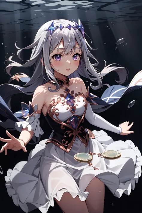 (masterpiece, best quality),  intricate details,
1girl,    <lora:CHAR-KosekiBijou:0.6> KosekiBijou, KosekiBijou, hair ornament, white dress, strapless dress, crystal, detached sleeves, asymmetrical sleeves, silver hair, 
underwater, swimming, money,  <lora:nevermind_album_v0.1:0.6> nirvana