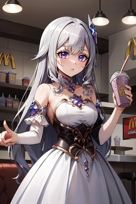 anime girl in a white dress holding a drink and a soda