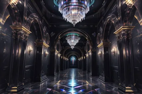 a close up of a hallway with a chandelier and a mirror