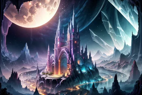 very high resolution, masterpiece, (hyper quality), highly detailed illustration, digital art, digital painting, vivid color, scenic, realistic, tremendous Black Crystal Palace, hidden deep within the cavern's embrace, iridescent walls refracting ambient moon light, glowing, from above,