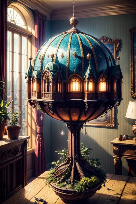 a close up of a lamp with a bird house on top of it