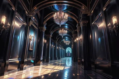 a close up of a hallway with chandeliers and a chandelier