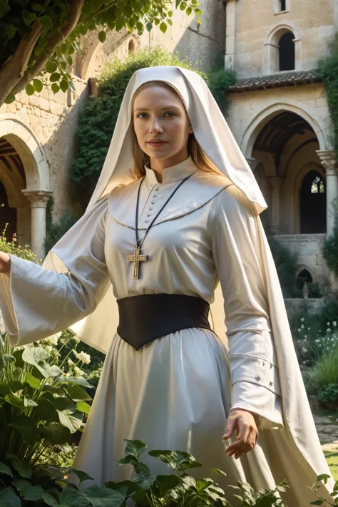 超高解像度, 4k, 超詳細, 映画のような, a photograph of フォトリアリズム 40yo AnnaTorvSDXL wearing nun outfit, 古い中世の修道院の魔法の庭園で, 傑作, 受賞歴, 超高解像度, フォトリアリズム, 非常に詳細な表現に用いられることが多い, 写真の精度, または視覚的な錯覚., すごい, 美しい照明, 感動的な