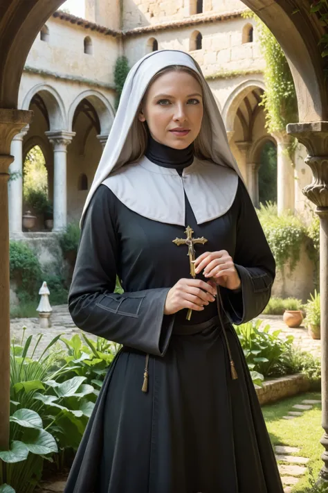 a woman in a nun's outfit holding a cross