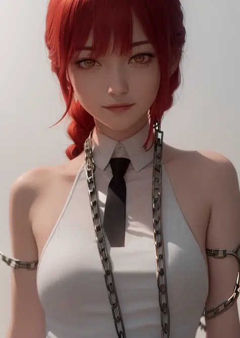 (masterpiece), (best quality),makima \(chainsaw man\), best quality, ultra detailed, 1girl, solo, standing, red hair, long braided hair, golden eyes, bangs, medium breasts, white shirt, necktie, stare, smile, (evil:1.2), looking at viewer, (interview:1.3),...