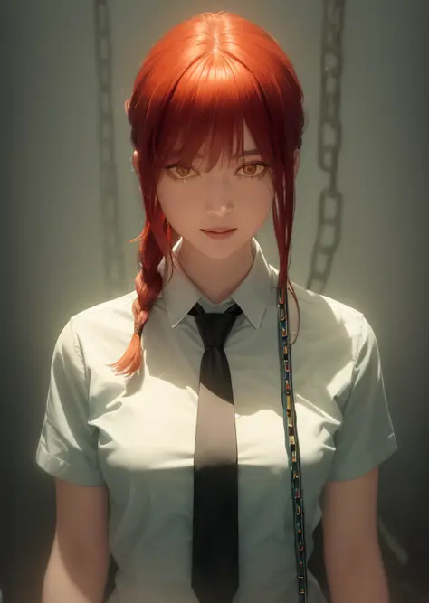 (masterpiece), (best quality),makima \(chainsaw man\), best quality, ultra detailed, 1girl, solo, standing, red hair, long braided hair, golden eyes, bangs, medium breasts, white shirt, necktie, stare, smile, (evil:1.2), looking at viewer, (interview:1.3),...