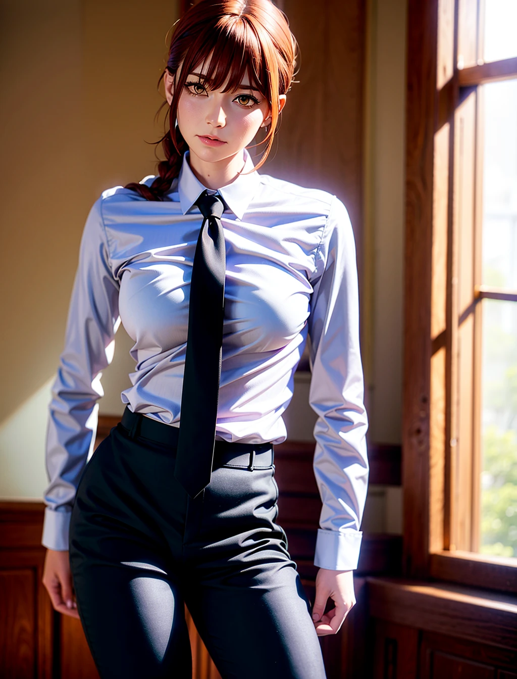 detailed shiny skin, (realistic, photo-realistic:1.4), a pretty girl, standing, looking out of window, white shirt, collared shirt, black necktie, black trousers, long sleeves, slight smile (nose blush), yellow eyes + ringed eyes, short hair + red hair + long braided hair, makima \(chainsaw man\) white shirt, collared shirt, black necktie, black pants, bored