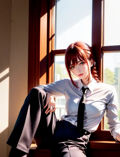 <lora:makimaChainsawMan_offset:1.3>, detailed shiny skin, (realistic, photo-realistic:1.4), a pretty girl, standing, looking out of window, white shirt, collared shirt, black necktie, black trousers, long sleeves, slight smile (nose blush), yellow eyes + r...