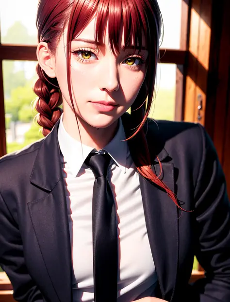 <lora:makimaChainsawMan_offset:1.3>, detailed shiny skin, (realistic, photo-realistic:1.4), a pretty girl, standing, looking out of window, white shirt, collared shirt, black necktie, black trousers, long sleeves, slight smile (nose blush), yellow eyes + r...