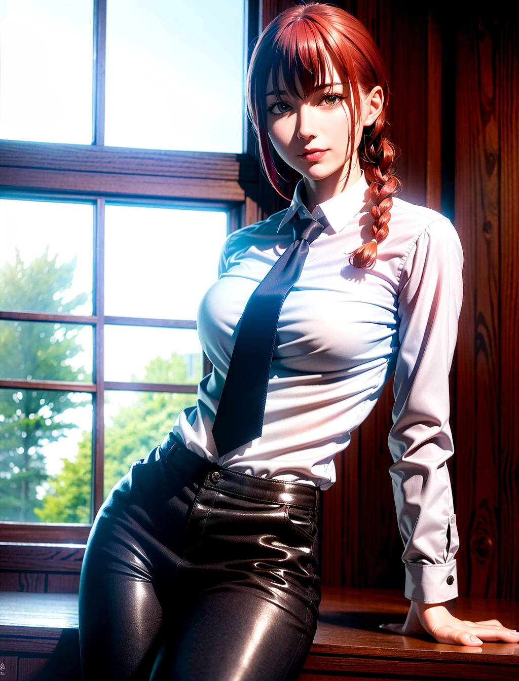 detailed shiny skin, (realistic, photo-realistic:1.4), a pretty girl, standing, looking out of window, white shirt, collared shirt, black necktie, black trousers, long sleeves, slight smile (nose blush), yellow eyes + ringed eyes, short hair + red hair + long braided hair, makima \(chainsaw man\) 