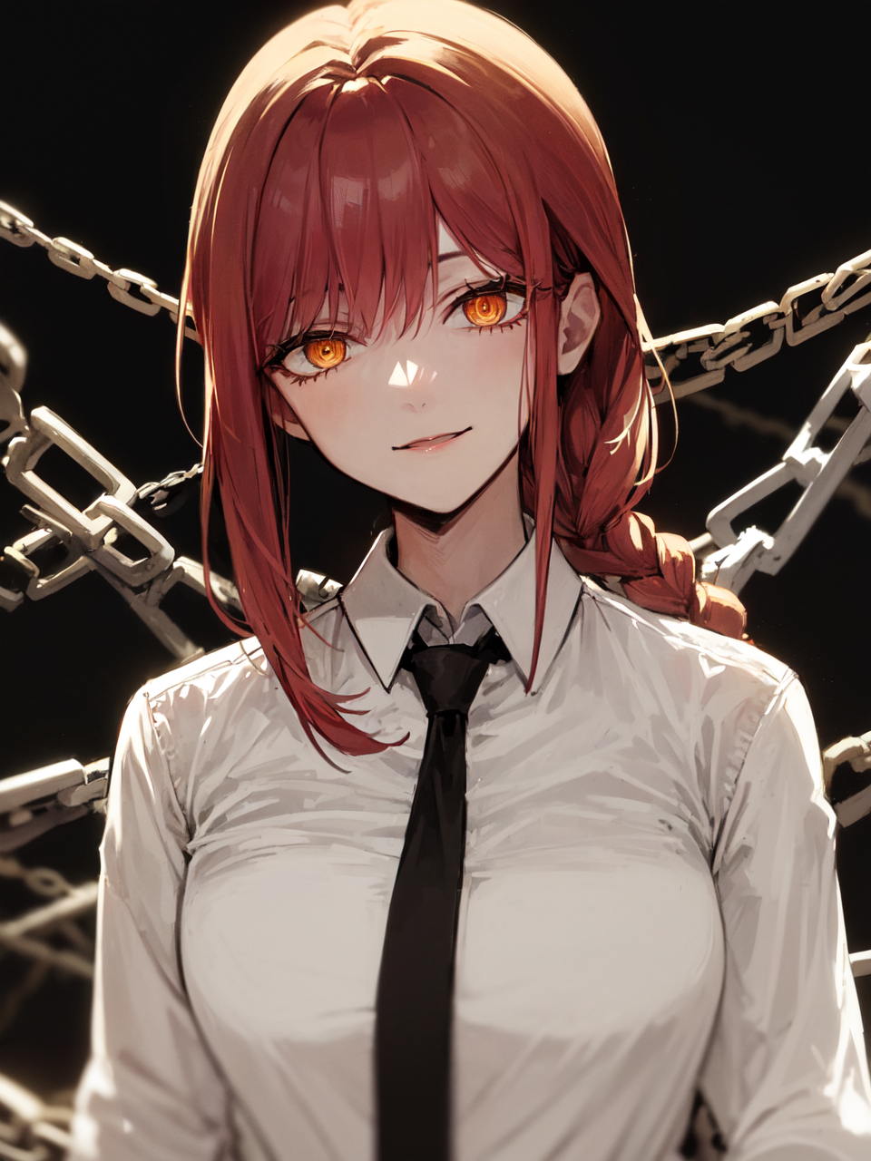 Anime girl with red hair and tie standing in front of chain link fence -  SeaArt AI