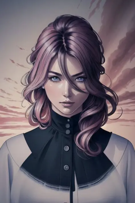 (masterpiece), (best illustration), 1girl, solo, long hair, violet and pink hair, vivid green eyes, punk clothing, upper body, large breasts, depth of field, solo, extreme light and shadow, masterpiece, rich in detail, (fine features), (highest quality), (masterpiece), (detailed eyes), (beautiful) detailed, beautiful detailed eyes, upper body, (close up), (extremely detailed digital art wallpaper),(masterpiece), (best quality), (ultra-detailed), (best illustration),(best shadow),perfect lighting , vivid colors