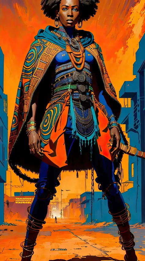 best quality, masterpiece, Cyberpunk African art studio, afrofuturistic sculptor, holographic statues, cultural fusion, intense gaze, swirling energy, consciousness, full body portrait, hooded orange velour cloak, open cloak, traditional African patterns and fabric, colorful African dress, triadic complementary colors, warm colors, detailed brushwork, bold color 