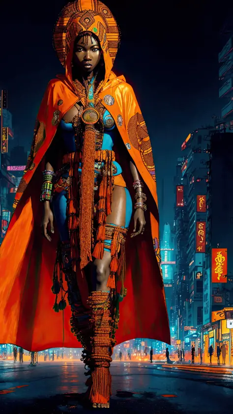 最高品質, 傑作, サイバーパンクエイリアンシティ, 1人の女の子, アフリカ未来的な探検家, ホログラフィック彫像, [アフリカの | アジア人] 文化の融合, 強い視線, 全身ポートレート, フード付きオレンジ色のサムライマント, 開いたマント, アフリカの伝統的な模様と生地, カラフルなアフリカのドレス, 三項補色, 暖かい色, 強い筆致, 大胆な色 