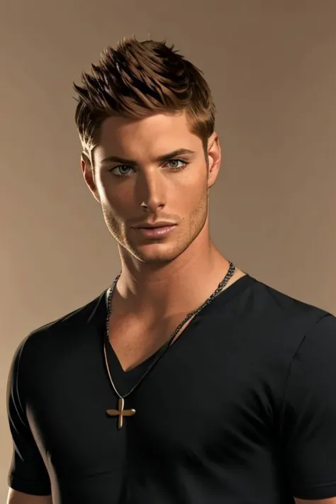 1boy,
dean winchester
close up,
black t-shirt,  neckless under the t-shirt,
beige background,
 <lora:Dean_Winchester:1>