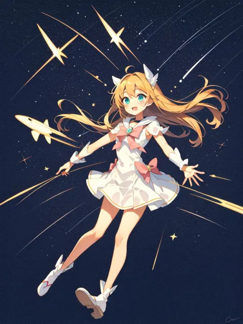 a woman in a dress flying through the air with stars