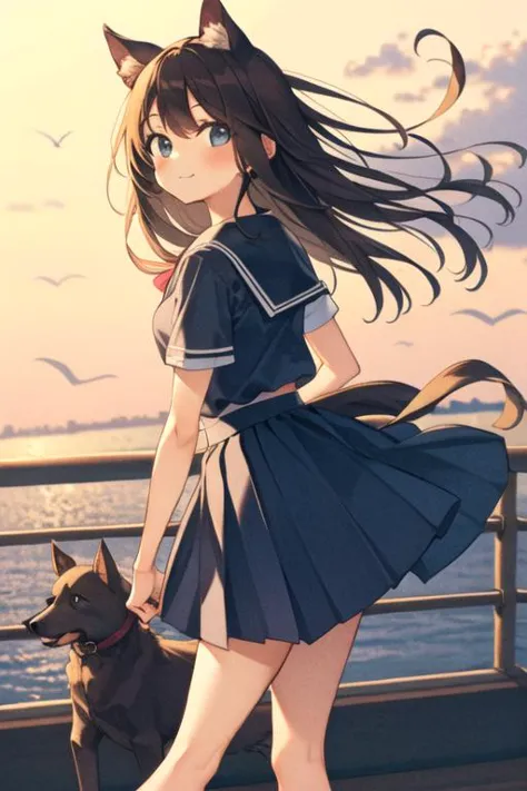 anime girl with long hair and cat ears walking with a dog