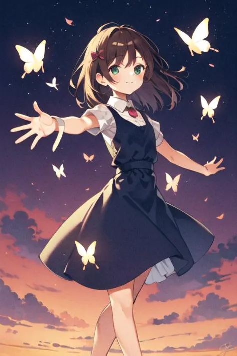 a girl in a dress and butterfly wings flying around her