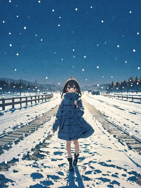 anime girl walking on snowy road with snow falling down