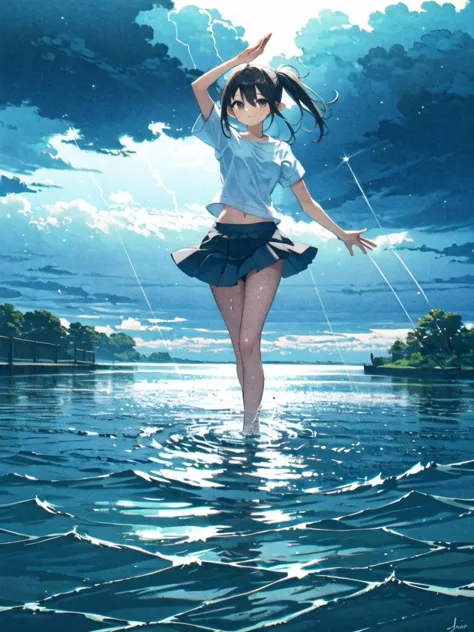 anime girl in a blue dress is standing in the water