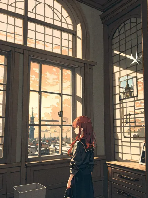 anime girl looking out of a window at a city