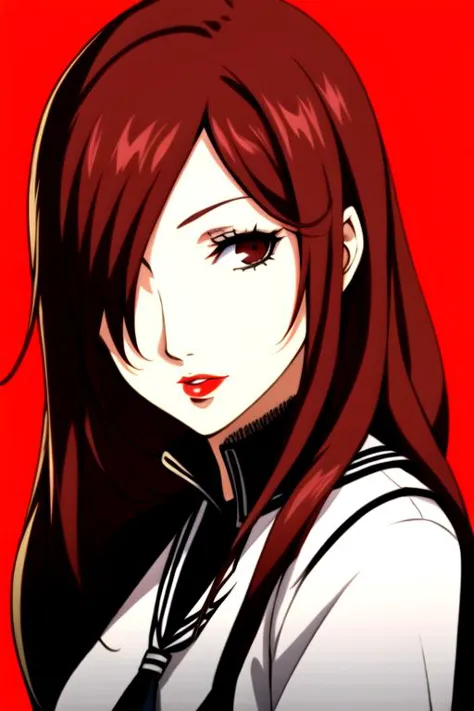 ((cowboy shot)), persona, 1girl, solo, long hair, red hair, lipstick, hair over one eye, makeup, portrait, lips, simple background, red eyes, white background, red lips, red hair, brown eyes, parted lips, school uniform, 
(((masterpiece))), (highest quality), best quality, highres, (intricate details), 8K, extremely detailed, ((perfect face)),  <lyco:Persona Lycoris-000036:0.8>