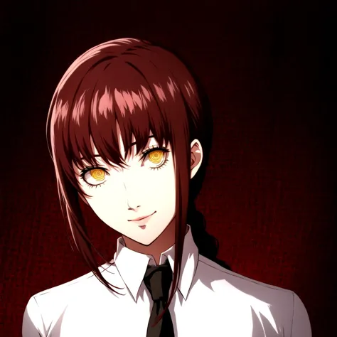 <lyco:Persona Lycoris-000036:0.7>, (persona portrait), 1girl, black necktie, (braided ponytail), closed mouth, long hair, long sleeves, looking at viewer, ringed eyes,  necktie, pants, red hair, shirt, sidelocks, simple background, smile, solo, white background, white shirt, yellow eyes, makima chainsaw man, absurdres, highres,  chainsaw man, <lora:MakimaChainsawMan:0.7> 
(((masterpiece))), (highest quality), best quality, highres, (intricate details), 8K, extremely detailed, ((perfect face)), cinematic lighting, extremely detailed, perfect face, volumetric lighting, bokeh, amazing, (masterpiece:1.2, best quality),