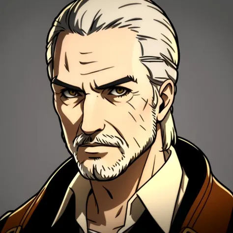 persona portrait,  <lora:Soejima-000023:0.8> , 1boy, aged up, alternate costume, beard, collared shirt, facial hair, grey background, male focus, medium hair, mustache, old, old man, scar across eye, scar on face, shirt, solo, upper body, white hair, wrinkled skin, yellow eyes, geralt of rivia, the witcher series, the witcher 3, (Style-Witcher3), 
(masterpiece, top quality, best quality, official art, beautiful and aesthetic:1.2), beautiful, attractive, handsome, trending on ArtStation, DeviantArt contest winner, CGSociety, ultrafine, studio lighting, sharp focus, ultra-detailed, intricate, illustration, extremely detailed, perfect face, amazing