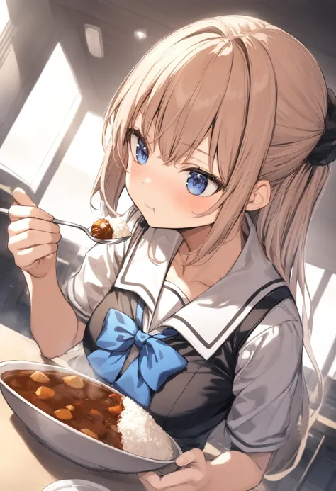 1girl, <lora:sdxl2-flat2-512b:-1>,medium breasts,school uniform,
<lora:curryrice_XL_v1:0.8>,curry rice ,solo, food, curry, rice, holding spoon, eating,
dutch angle, portrait, looking away, determined, workplace dark, closed mouth,
best quality,medium quality,