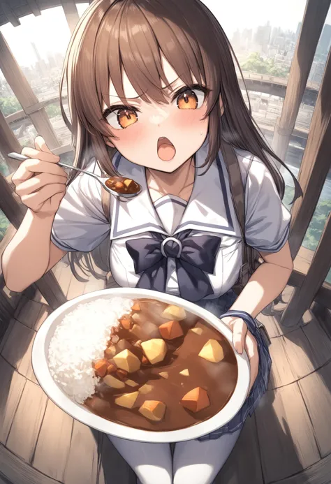 anime girl eating a bowl of food on a balcony