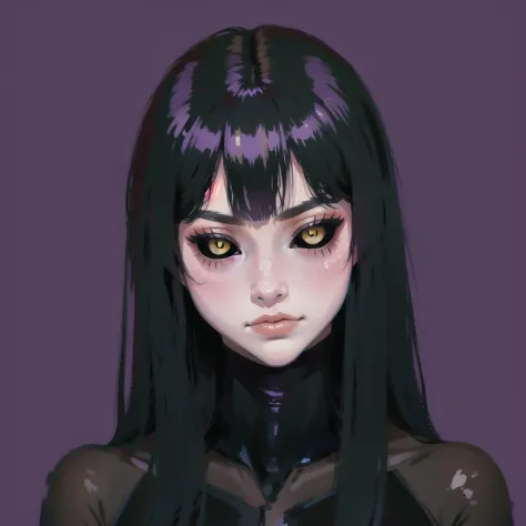 1girl, solo, (simple background), yellow eyes, black_sclera, purple background, <lora:Black-Sclera_v2-10:0.85>